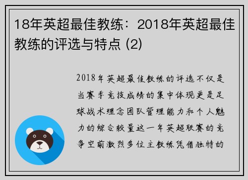 18年英超最佳教练：2018年英超最佳教练的评选与特点 (2)