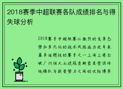 2018赛季中超联赛各队成绩排名与得失球分析